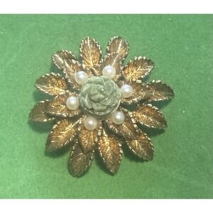 Vtg Danecraft  Sterling Silver Carved Jade Pearl Flower Brooch Pin Gold Wash